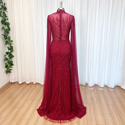 Luxury Beaded Evening Dress Cape Sleeve Dubai Sheer Neck Mermaid Formal Prom Wedding Party Gown Customized 2026
