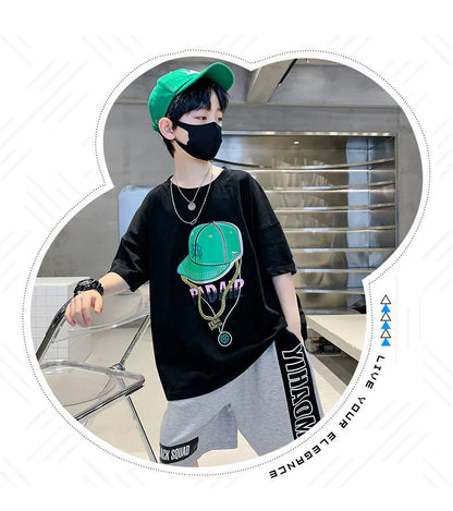 Summer Casual Boys Cotton Printed Short-Sleeved T-Shirt Tops+Short Pant Suit School Kids Tracksuit Children 2PCS Outfit 5-14 Yrs