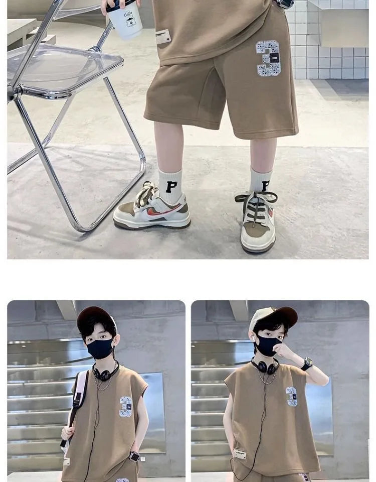 Summer Boys Loose Sleeveless Printed T-Shirt Tops+Shorts Pant School Kids 2PCS Tracksuit Child Outfit Student Workout Set 5-16Yr
