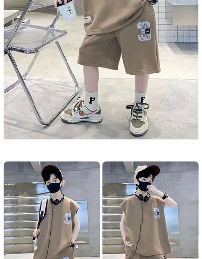 Summer Boys Loose Sleeveless Printed T-Shirt Tops+Shorts Pant School Kids 2PCS Tracksuit Child Outfit Student Workout Set 5-16Yr