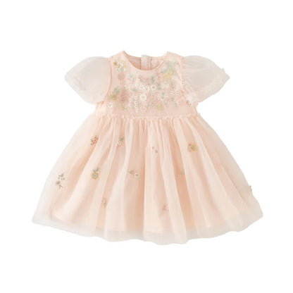 Children's Princess Dress for Girls 2025 New Summer Floral Puff Sleeves Mesh Charm Noble Cute Sweet Party DB2240549