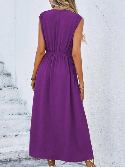Women's Solid Color A-Line Dress Sleeveless Front Thin Straps Elegant Belted Midi Dress for Summer