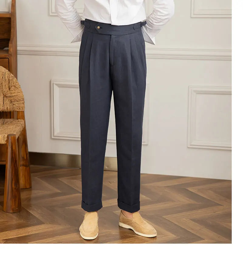 Three Gentleman Summer Naples Casual Straight Pants Men's Commuting Cotton and Linen Comfortable Breathable High Waist Pants