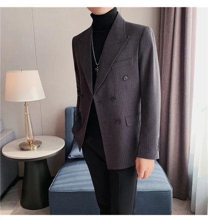 Classic Luxury Striped Men Suit Jacket Fashion Double Breasted Business Office Wedding Tuxedos Male High Quality Slim Fit Blazer