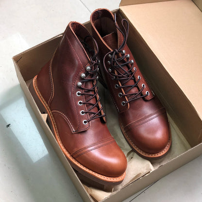 Durable Goodyear-Welted Motorcycle Rugged Heritage Boots Vintage Oil Genuine Leather 8111 Red Punk For Men Cowhide Mid-Cut Shoes