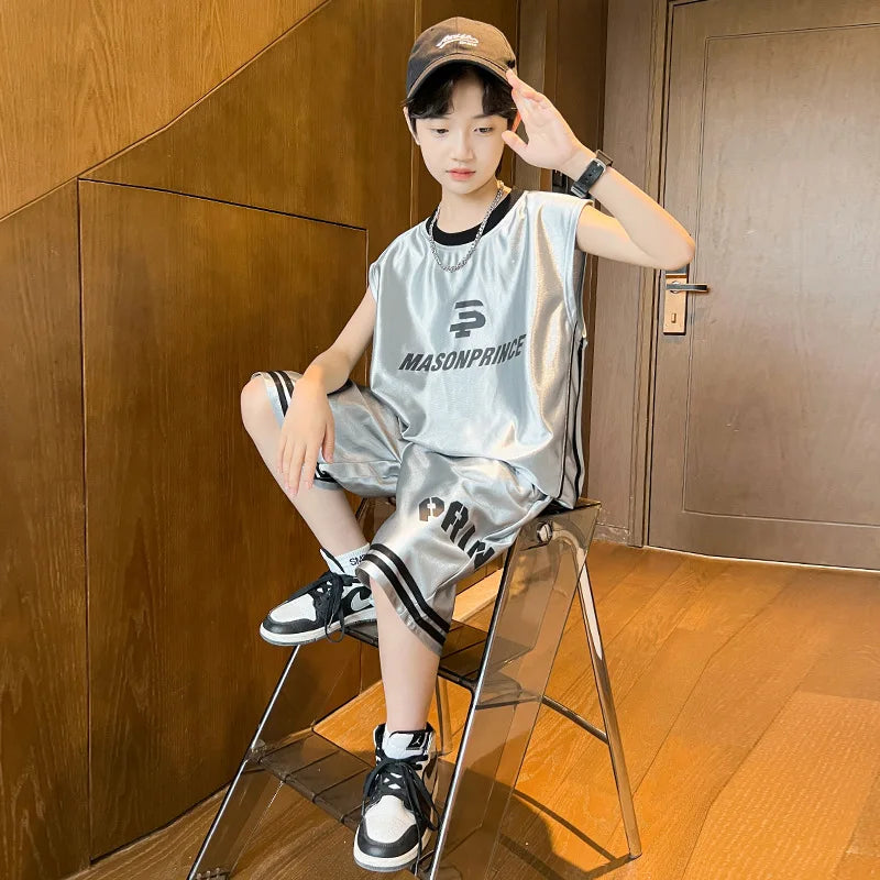 Summer Boys Quick-dry Glossy Alphabet T-Shirt Top+Shorts Sportswear Set School Kids 2PCS Tracksuit Children Jersey Outfit 5-16Yr