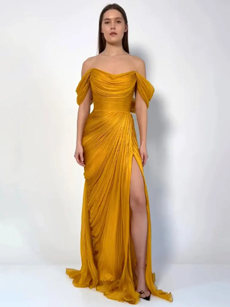 Charming Mermaid Gold Prom Dress Square Collar Pleats Sleeveless Party Dresses Floor-Length Evening Dress Customized