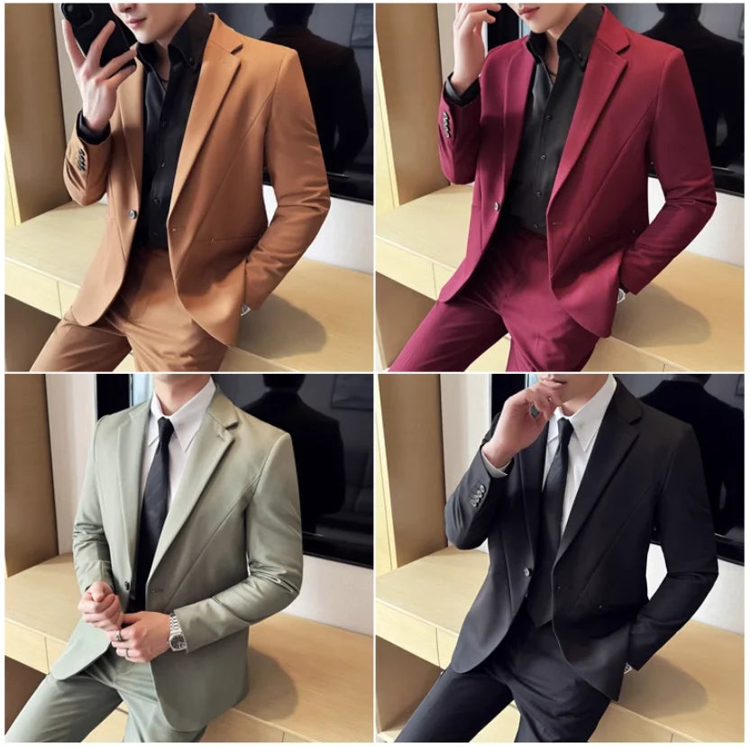 (Jacket+Pant) New Men Pure Color Business Social Wedding Party Suit Fashion Male Banquet Party Slim Fit Dress Blazer and Trouser