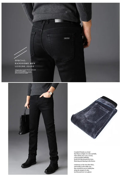 2025 New Business Casual Trousers Grey Fleece Men Clothes Black Blue Elasticity Warm Winter Jeans Velvet Jeans 28-40