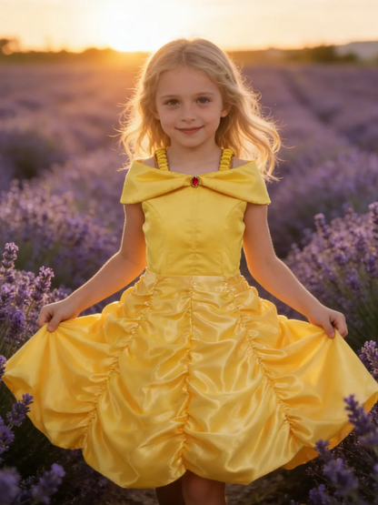 Off Shoulder Yellow Princess Dress for Kids Girl Belle Role Playing Clothing Fancy Carnival Party Birthday Ball Gowns Halloween