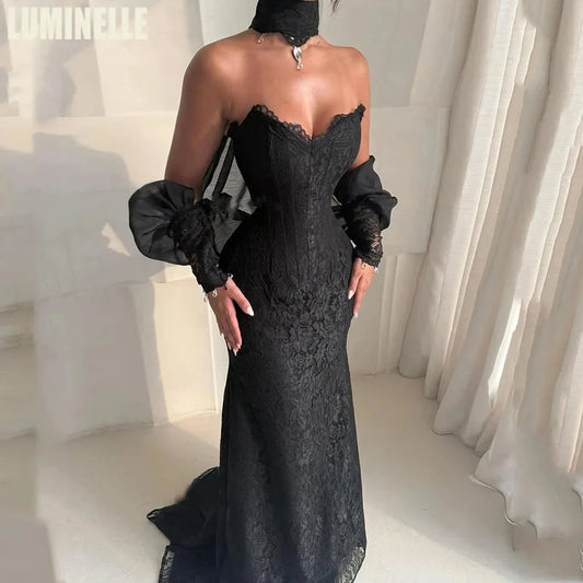 Customized Wedding Party Dresses Elegant Black Lace Formal Occasion Halter Bubble Sleeve Sheath Sexy Cocktail Dress for Women
