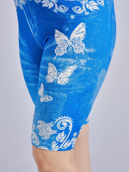 Lmitation Denim Leggings For Women Butterfly Waist Fruit Flower Elastic Shorts High Waist Casual