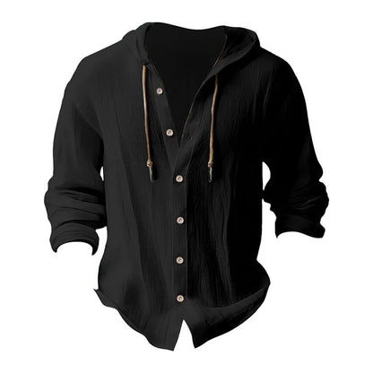 Men's Solid Color Casual Shirt, Hooded Drawstring Cotton and Linen Cardigan, Trendy and Versatile Loose Beach T-Shirt