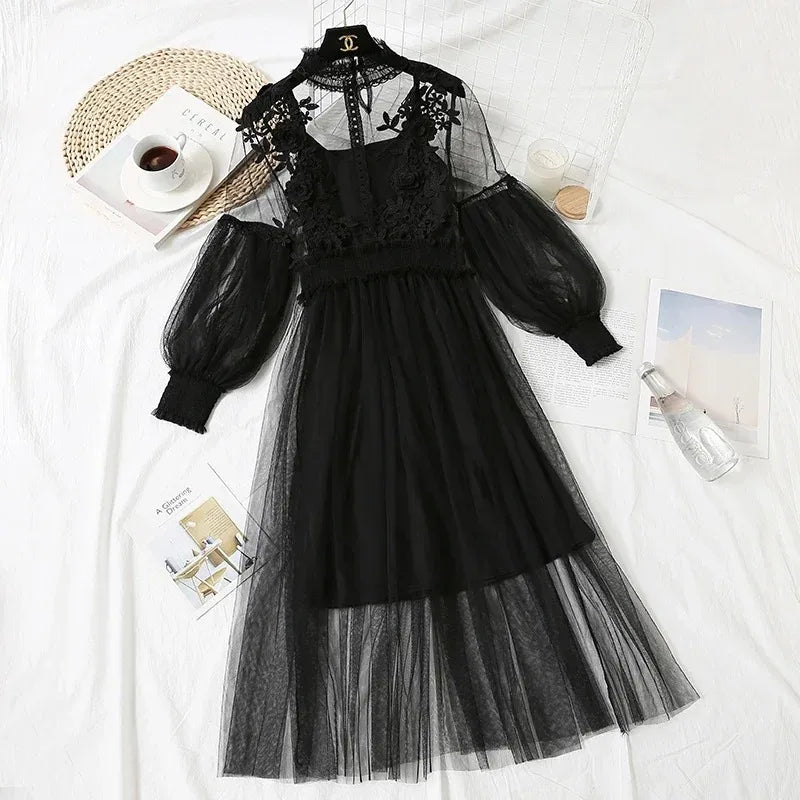 Lace Flower Mesh Summer Dress Women Lantern Sleeve White Casual Dresses Female Party Vintage Slim Women Dress 2 Piece Sets 12041