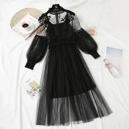 Lace Flower Mesh Summer Dress Women Lantern Sleeve White Casual Dresses Female Party Vintage Slim Women Dress 2 Piece Sets 12041