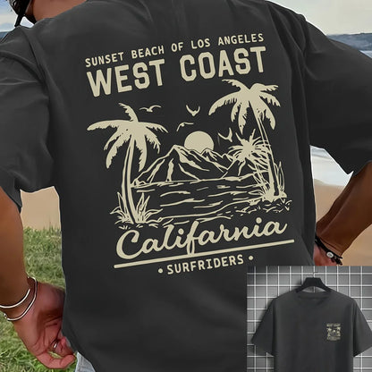 Men's 100% pure cotton casual loose retro California beach surfing pattern printed round neck short sleeved T-shirt top