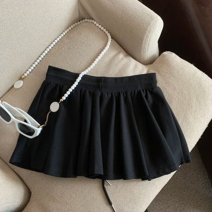 Summer Women Sports A Line Skirts for Women Summer High Waist Drawstring Solid Mini Skirts Female Sweet All Match Ballet Skirts