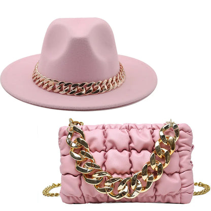 Hat For Women Autumn Winter New Party Jazz Fedora Hats With Fashion Luxury Oversized Chain Accessory Bag Two-piece Set
