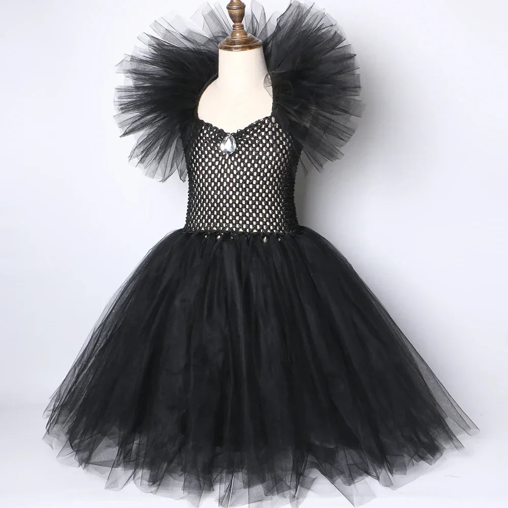 Girls Black Evil Queen Maleficent Tutu Dress Horns Wings Dark Witch Cosplay Carnival Halloween Costume for Kids Fancy Clothes