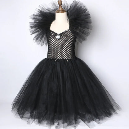 Girls Black Evil Queen Maleficent Tutu Dress Horns Wings Dark Witch Cosplay Carnival Halloween Costume for Kids Fancy Clothes