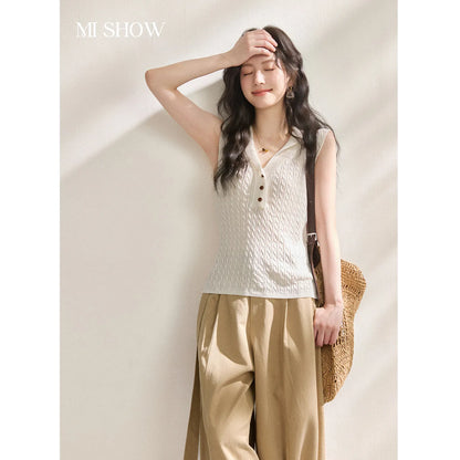 Women Cable Knit V-Neck Henley Tank Top Sleeveless Slim Knit Vest, Casual Basic Solid Tops for Spring Summer MXF25Z3115