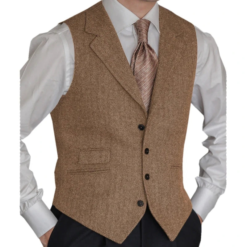 Men Vest Brown Classic Herringbone Pattern Suit Vest Notch Lapel Waistcoat Slim Formal For Wedding Groomsmen Banquet Men Suit