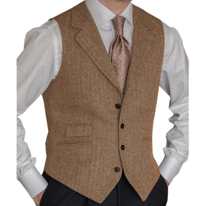 Men Vest Brown Classic Herringbone Pattern Suit Vest Notch Lapel Waistcoat Slim Formal For Wedding Groomsmen Banquet Men Suit