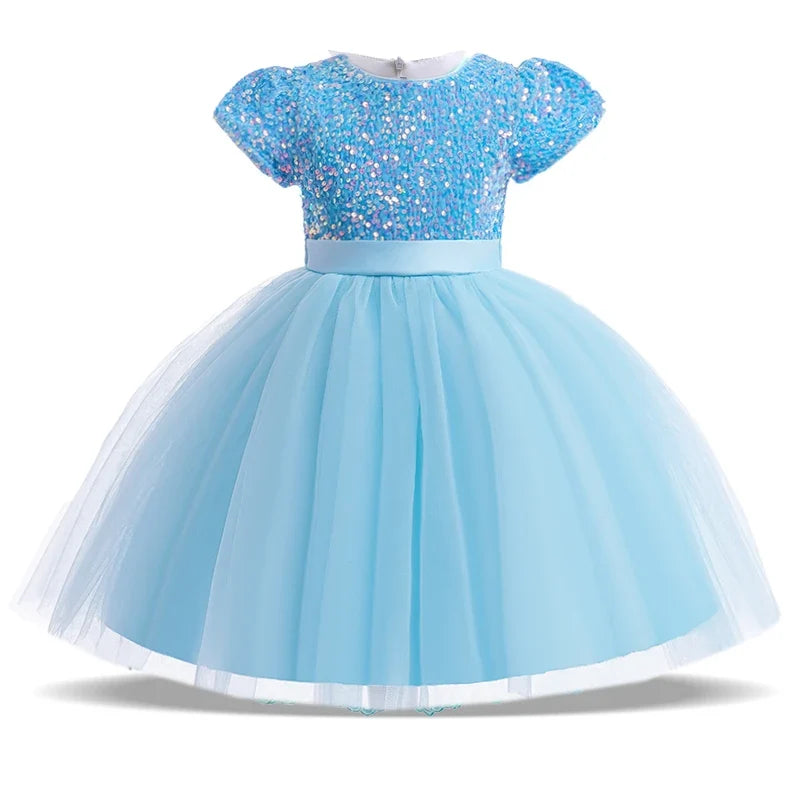 Summer Sequins Bow Party Dress For Girl Christmas Costume Elegant Wedding Princess Girls Dresses Lace Birthday Prom Gown Evening
