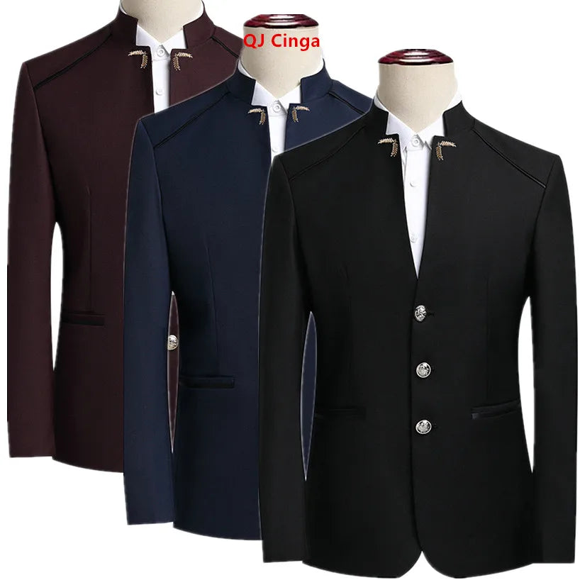 2026 New Men's Stand Collar Long Sleeve Suit Jacket, Asian Size Chinese-Style Slim-Fit Blazer in Dark Blue/Red/Grey/Black/White