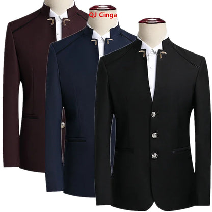 2026 New Men's Stand Collar Long Sleeve Suit Jacket, Asian Size Chinese-Style Slim-Fit Blazer in Dark Blue/Red/Grey/Black/White