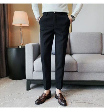 2024 Autumn New Waffle Stretch Waist Business Formal Pants Men Fashion Wedding Slim Trouser Mens Brand Social Party Suit Pants