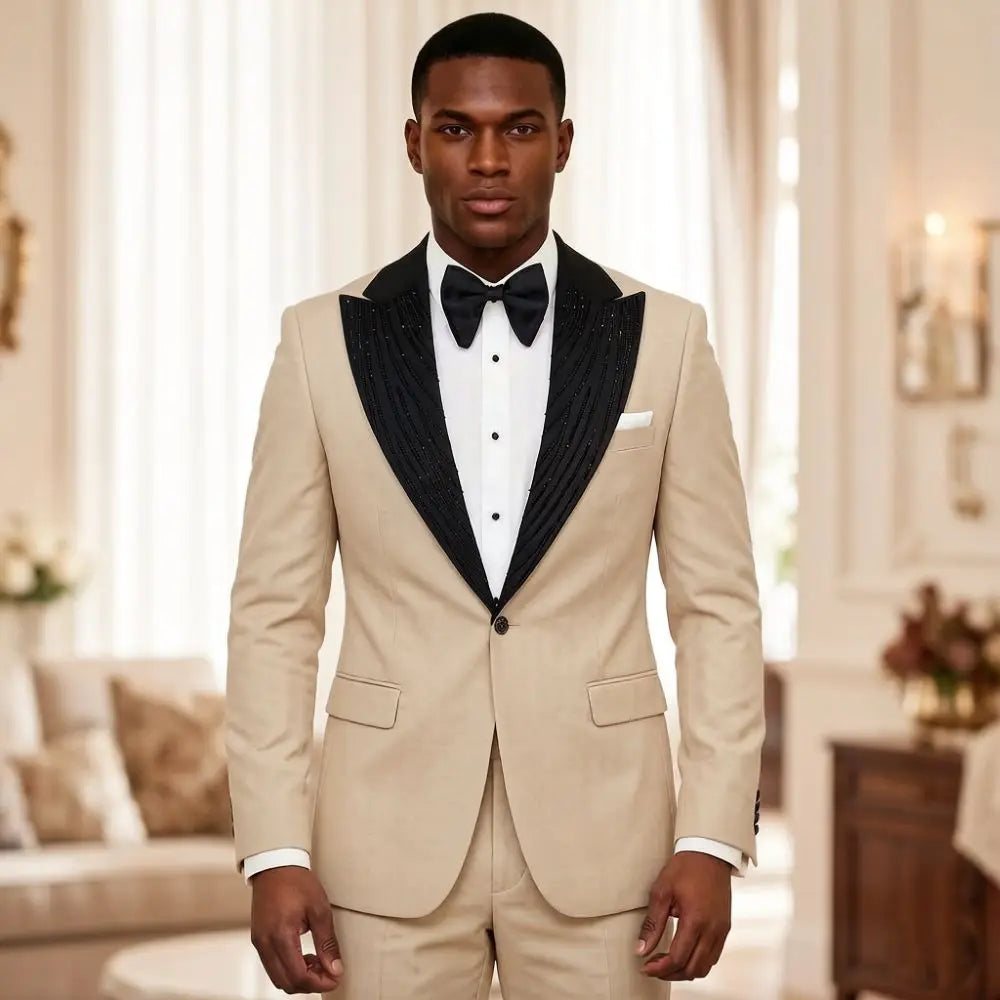 2 Pieces Men Suits Slim Fit Beaded Wedding Prom Tuxedo Shawl Lapel Single Decorative Button Formal Groom Party Office Wear