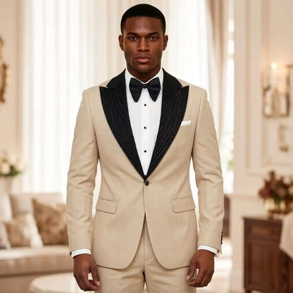 2 Pieces Men Suits Slim Fit Beaded Wedding Prom Tuxedo Shawl Lapel Single Decorative Button Formal Groom Party Office Wear