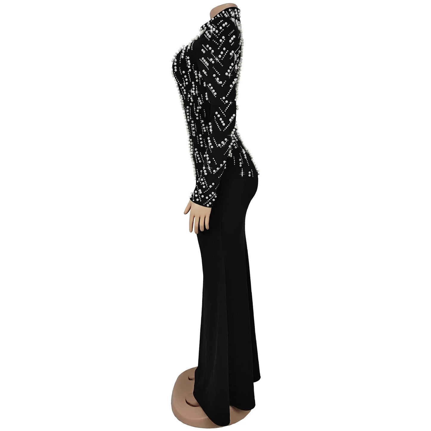 Temperament Elegant Party Diamond Pearl Long Bodycon Dress Women O Neck Long Sleeve Glitter Club Evening Black Sheath Maxi Dress