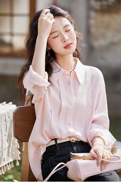 Solid Loose Fit Shirt for Women Spring 2025 Dropped Shoulder Long Sleeved  Top Casual Turn-down Collar Shirts MXE13C0405