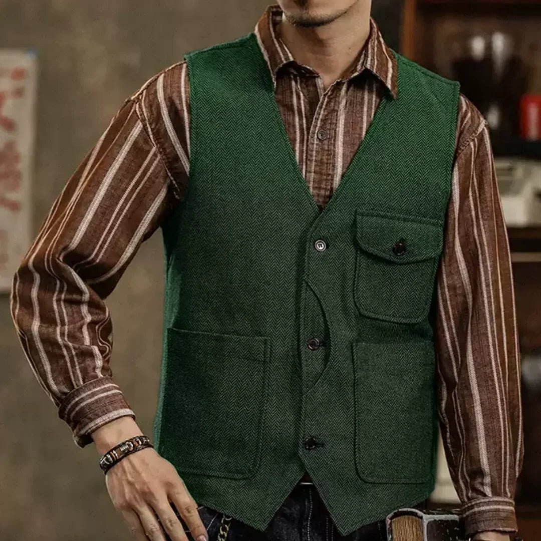 Men Vest Coffee Herringbone Single Button Pocket Waistcoat For Wedding Business Casual Formal Daily Office Work Men Suit Vest