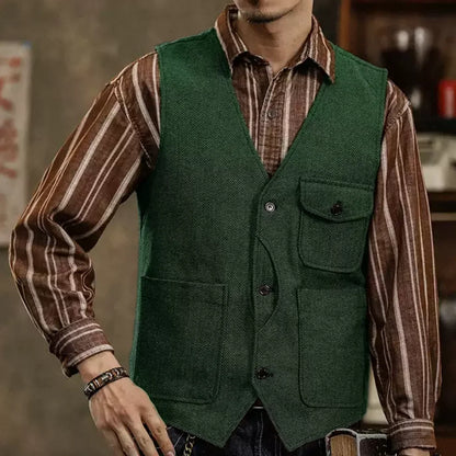 Men Vest Coffee Herringbone Single Button Pocket Waistcoat For Wedding Business Casual Formal Daily Office Work Men Suit Vest