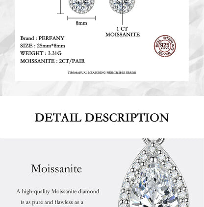 1CT Pear Cut Moissanite Earrings for Women S925 Pure Silver Laboratory Cultivated Diamonds Elegant Wedding Jewelry
