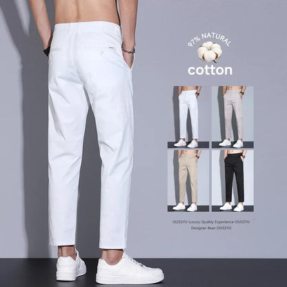 High Quality Summer Men's White Ankle Length Casual Pants 97%Cotton Breathable Straight Business Slim Work Chino Trousers Man