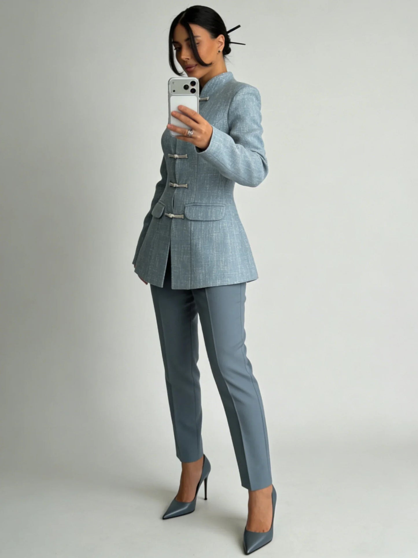 Women's Spring Summer Mandarin Collar Frog Button Tweed Fitted Blazer Elegant Casual Office Wear 2026 Trendy Fashion Blazer