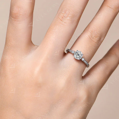 1CT 6.5mm Round Cut Moissanite Ring for Women 925 Silver 18K Gold Plated Bead Edge Design Engagement Party Jewelry Gift