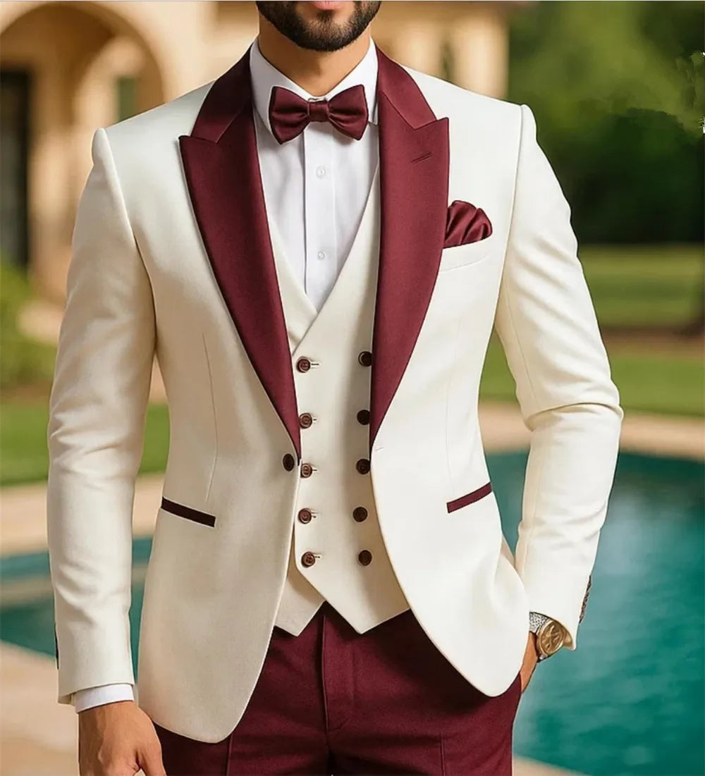 Ivory & Maroon 3 Pieces Men's Suit Custom Wedding Party Prom Business Tuxedo Tailor Made