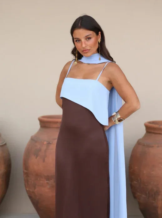 Fashion Color Block Spaghetti Strap Maxi Dress Women Elegant Halter Scarf  High Split Slim Vestidos 2026 New Daily Party Robes