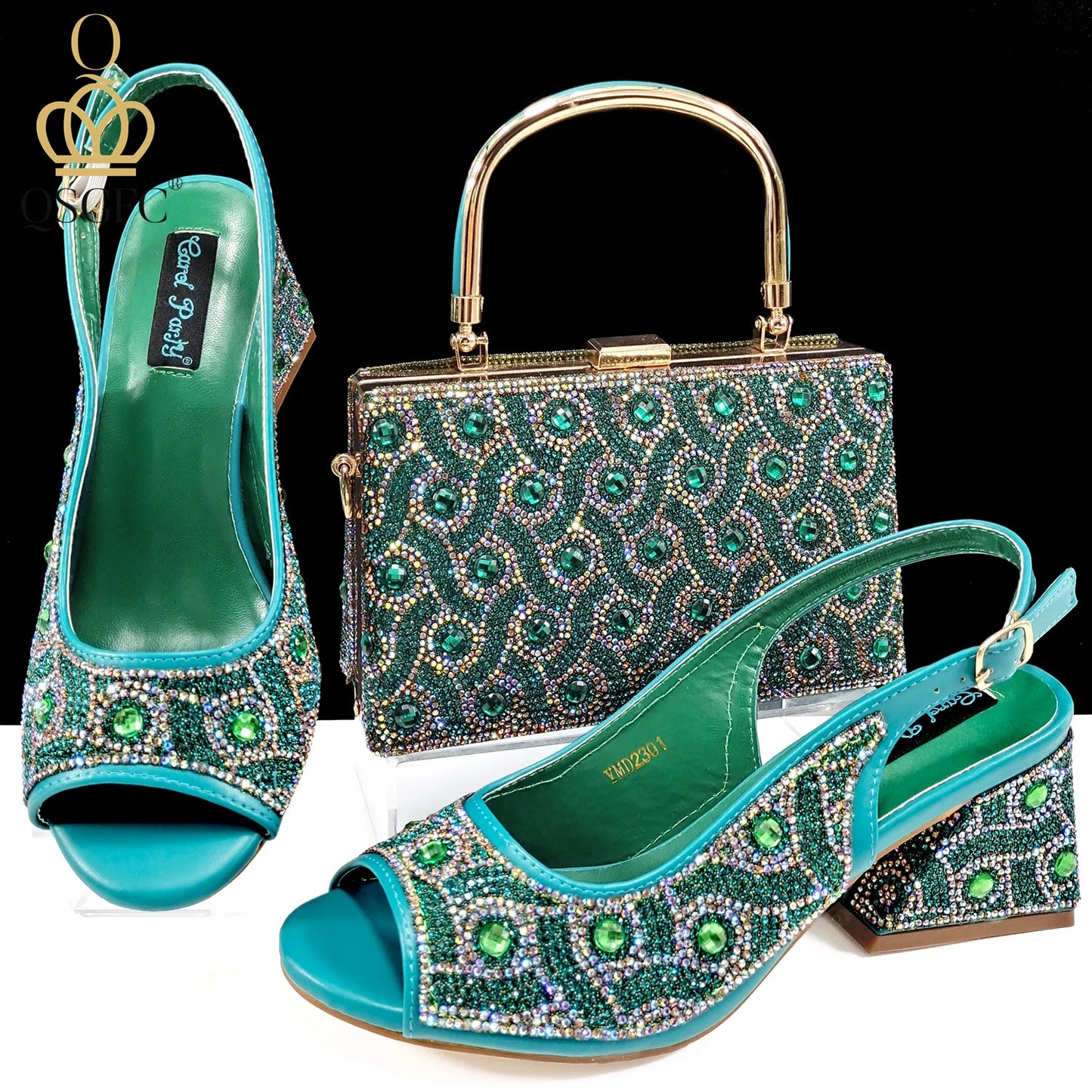2024 Rhinestone Design INS Hot Sale New Arrivals African Shoes and Bag Set in Green Color Open Toe Comfortable Women Heels