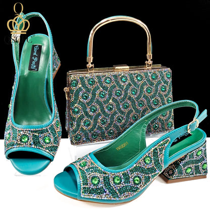 2024 Rhinestone Design INS Hot Sale New Arrivals African Shoes and Bag Set in Green Color Open Toe Comfortable Women Heels