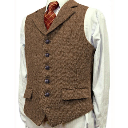 Men Vest Brown With Lapel Boutique Herringbone Single Button Fit Waistcoat Casual Formal Business Wedding Daily Men Suit Vest