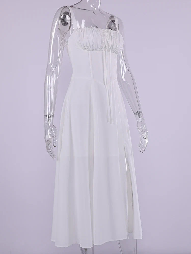 Summer Sweet Solid Sleeveless Long Dress Women Fashion Bandage Camisole Dresses Padded Boned Robe Elegant Party Vestidos