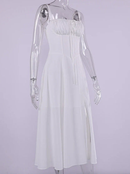 Summer Sweet Solid Sleeveless Long Dress Women Fashion Bandage Camisole Dresses Padded Boned Robe Elegant Party Vestidos