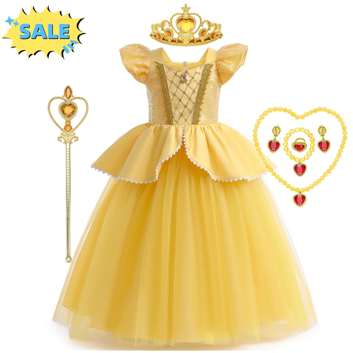 Beauty Beast Halloween Girl Princess Belle Costume Christmas Festive Evening Party Fancy Fairy Yellow Shoulderless Long Dresses