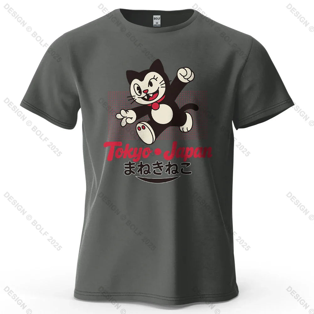 Tokyo Japan Maneki Neko Printed Men's T-Shirt 100% Cotton Oversized Cute Graphic Tees for Women Tops Tees Streetwear
